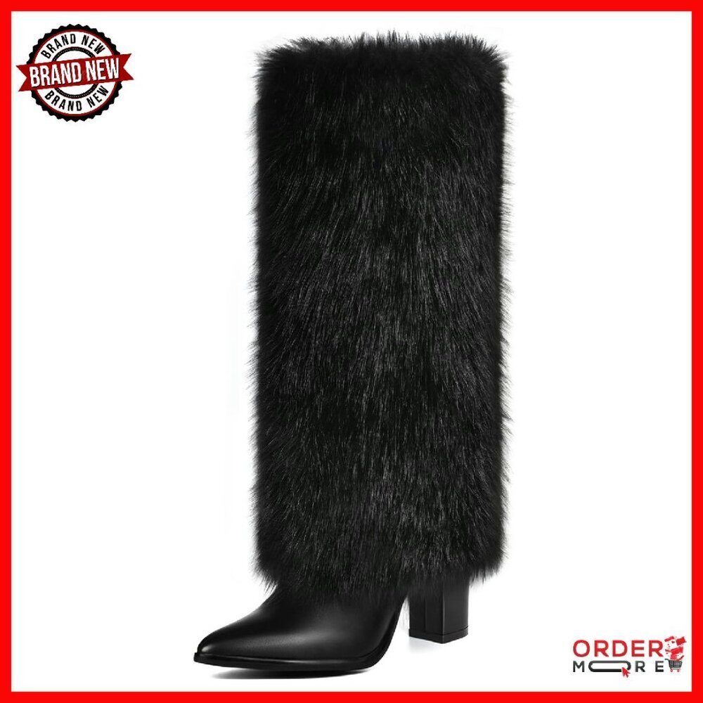 Chunky Heel Knee High Faux Fur Boots Wide Calf Side Zipper Women's Size